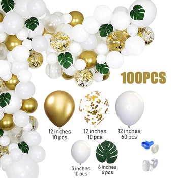 

100pcs White Gold Balloons Confetti Set Ballons With Artificial Palm Leaves For Birthday Party Wedding Anniversary Decoration