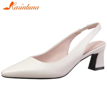 

KARINLUNA Cow Leather Classic Female Leisure Sandals Pointed Toe Solid Elegant Back Strap High Heels Women Sandals Women Shoes