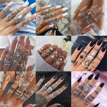 EN VENTA ❤️ Conjunto de anillos para nudillos bohemios Midi para mujer, 20 estilos, corona de elefante de cristal, anillos de dedo geométricos, joyería Vintage - discount item 20% OFF Joyas y complementos