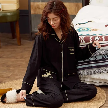 

High Quality 100% Cotton Pajamas Women Plus Size Pure Cotton Spring Autumn Long Sleeves Sleepwear Pyjama Femme Casual Homewear