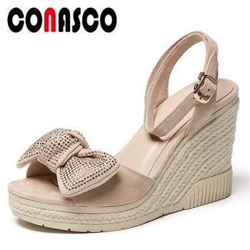 

CONASCO Fashion Concise Women Sandals Pumps Kid Suede Casual Summer New Butterfly-Knot Ankle Strap Wedges High Heels Shoes Woman