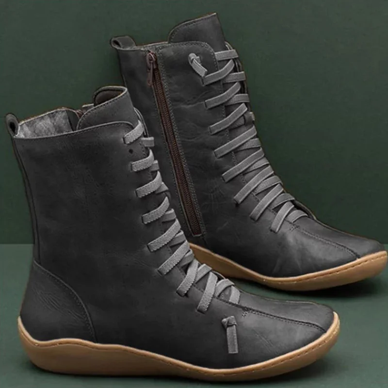 Herbst Winter Frauen Stiefel Lace Up Frauen Stiefeletten Runde Kappe Schuhe Frau Seite Zipper Stiefel Damen Komfortable Weibliche Flache schuhe|Ankle Boots| - AliExpress