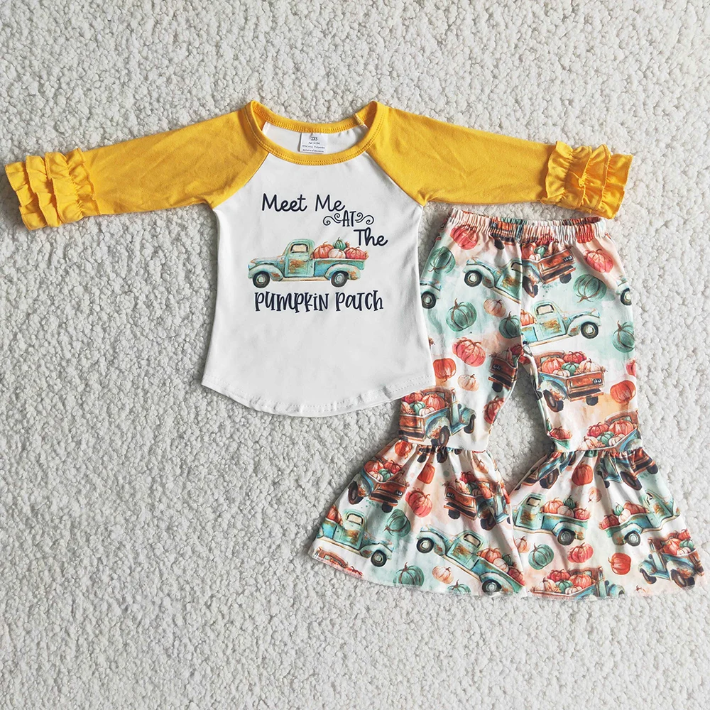 

Hot Sale Kids Designer Clothes Girls Halloween Dresses Boutique Kids Children Clothing Pumpkin Car Baby Girls Fall Clothing Sets