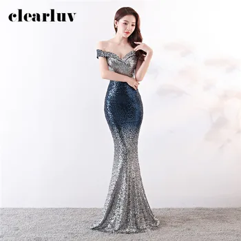 

Sequins Mermaid Evening Dresses Elegant Contrast Color Party Gowns DX351-1 Plus Size Robe De Soiree 2020 Off Shoulder Prom Gowns