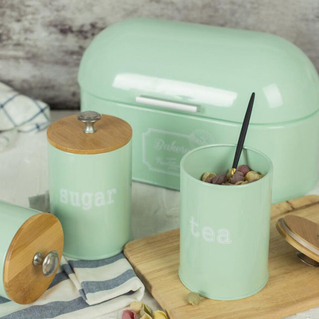 Metal Kitchen Bread Bin with Hinged Lid and 3 Pack Canister set with Airtight Lid - Mint Green