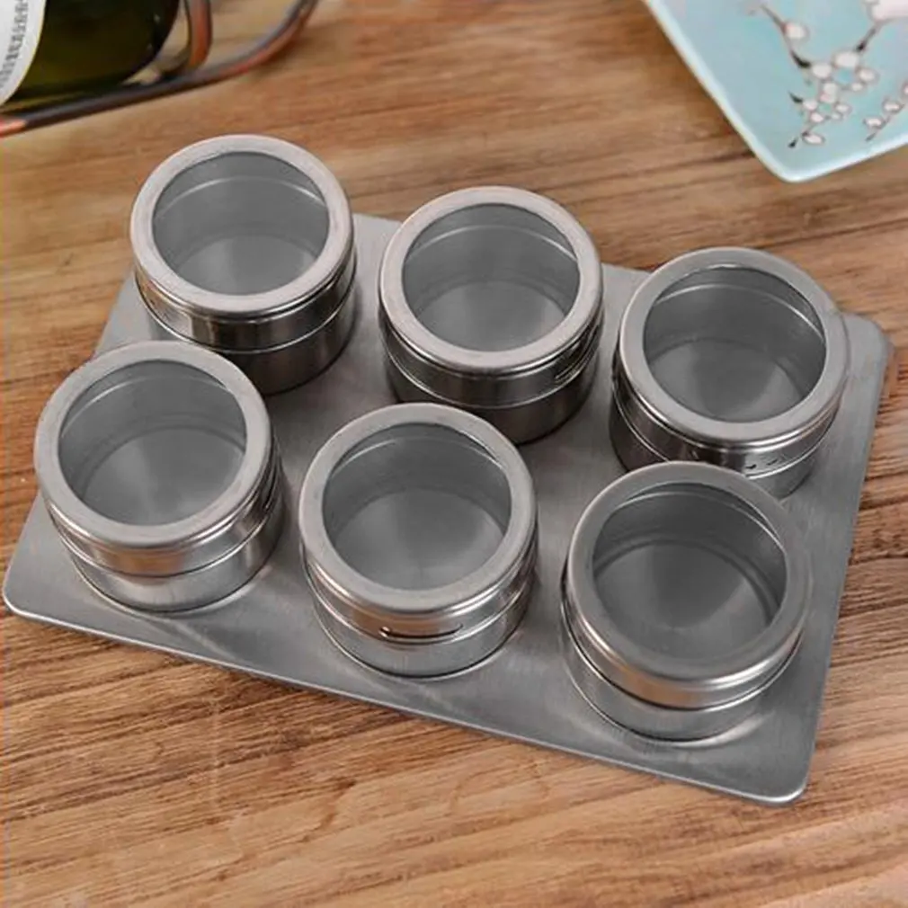 

6 Pcs Magnetic Stainless Steel Cruet Condiment Spice Jars Set Salt Pepper Shakers Seasoning Sprays Kitchen Cooking Accessory