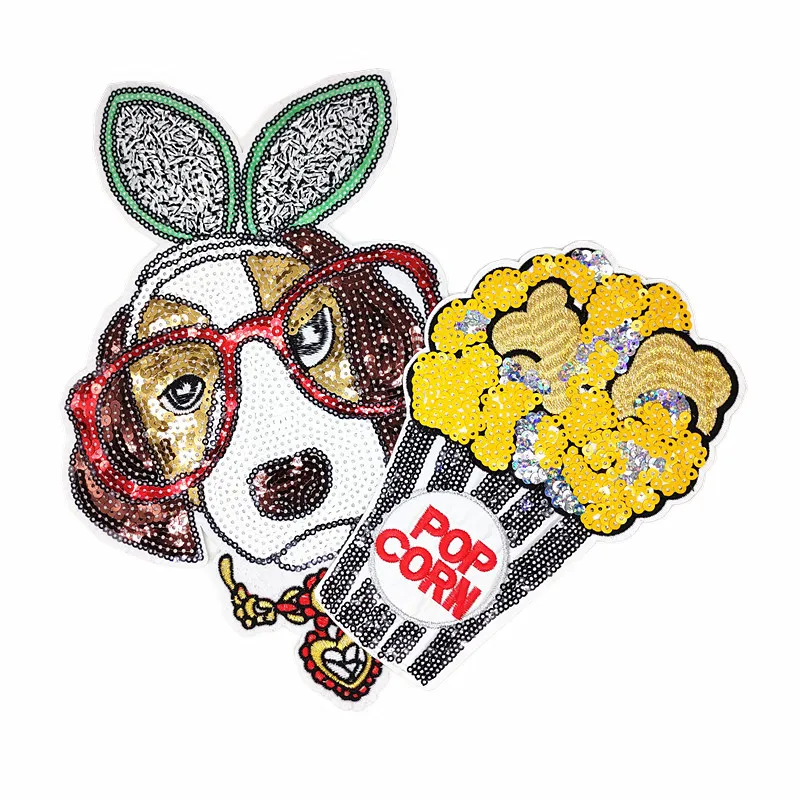 

2 Pcs Fine Embroidered Cloth Stickers Large Sequins Embroidered Patch Stickers Dog Popcorn DIY Clothes Bag Decorative Stickers
