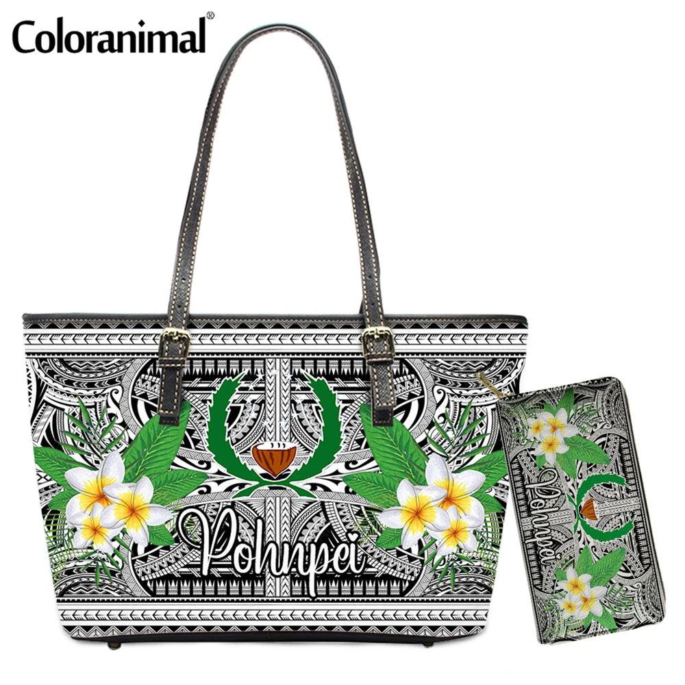 

Coloranimal Fashion Girls 2Pcs Set Handbag&Wallet Fashion Tribal Pohnpei Polynesian Plumeria Printed Women Shoulder Bag PU Totes