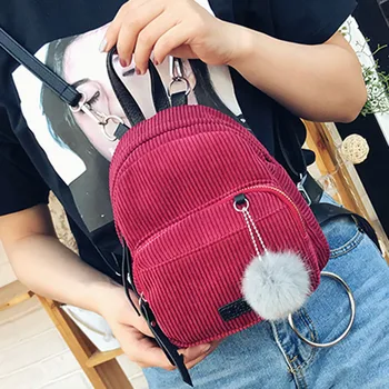 

Women Mini Corduroy Backpack Small Cute Schoolbag with Fuzzy Ball Ladies Small Shoulder Bags Female Travel Backpacks Mochila