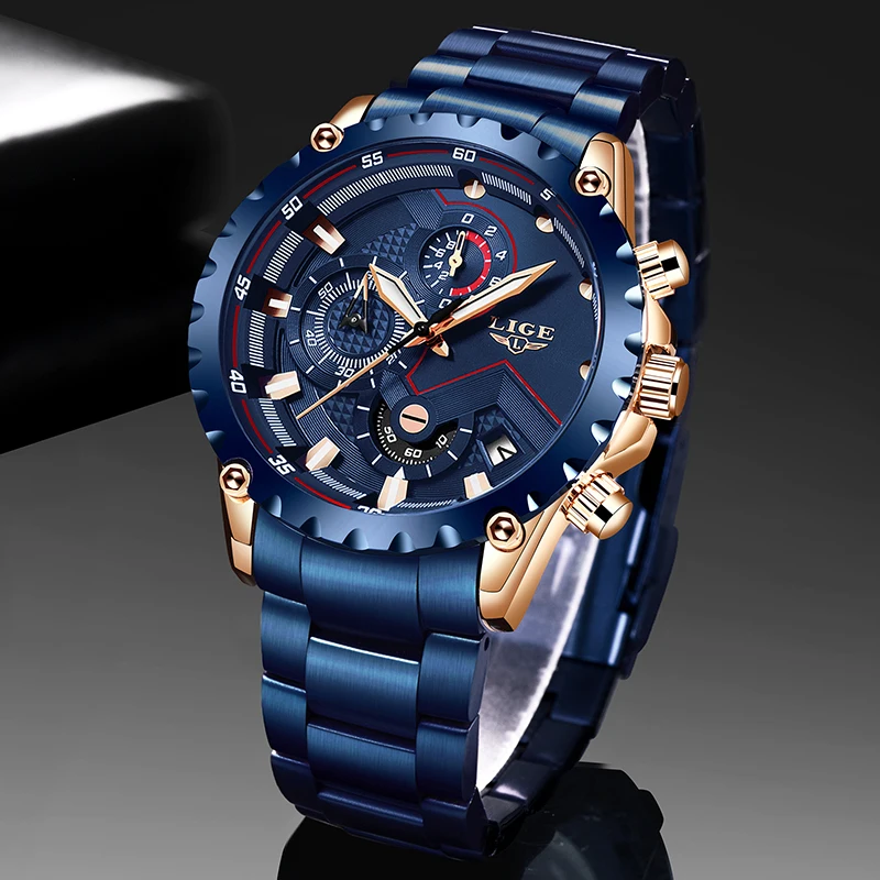 LIGE Fashion Blue Stainless Steel Mens Watches 