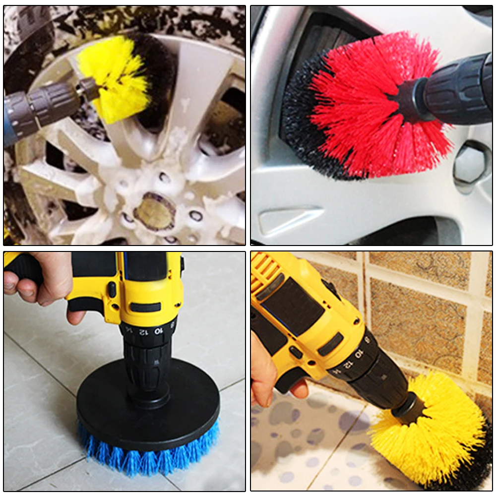 4pcs Power Scrubber Drill Brush+ 1pc 15cm Extension Tube Car Wheel Brushes for Rims Washing Bathroom Tub Shower Cleaning