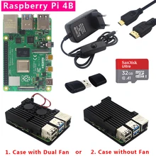 Raspberry Pi 4 Модель B комплект двойной вентилятор Алюминиевый Чехол+ переключатель адаптер питания+ Micro HDMI кабель+ 32 ГБ sd-карта для Pi 4 4B