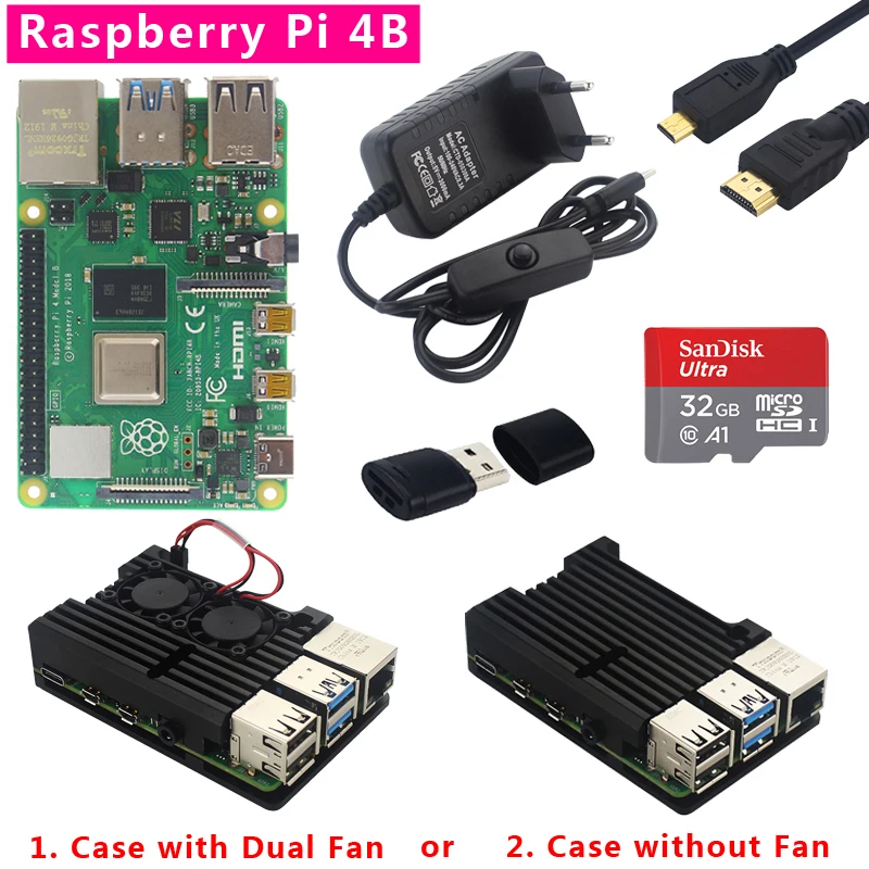 Baratos Original Raspberry Pi 4 Modelo B Kit doble ventilador caja de aluminio + interruptor enchufe de alimentación + Cable Micro HDMI + tarjeta SD de 32GB para RPi 4 4B
