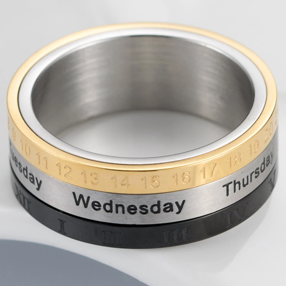Men's Finger Rotatable Calendar Anxiety Male Ring Time Week Date Numerals Fashion Black Spinner Rings For Men Treatment Fidget fidget rings finger rings jewelry rings ring jewelry