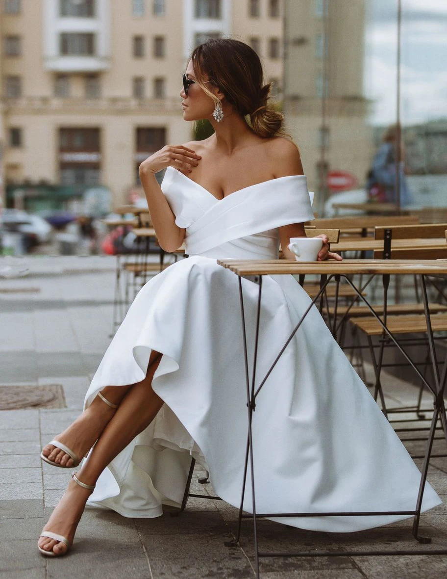 LORIE Simple Tea-length Wedding Dress Off the shoulder White Ivory Satin A-line Short Bride Gowns Beach Customized Wedding Gown 14 Hc9d821c42d804008b50aa19ae420553eb