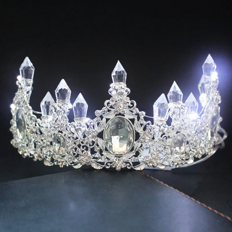 Bride Princess Crown Tiara Glowing Rhinestone LED Light Headwear Hair Accessory For Wedding Cosplay Party Hair Decor Jewelry