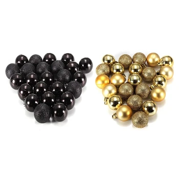 

48Pcs Chic Christmas Baubles Tree Plain Glitter XMAS Ornament Ball Decoration, 24Pcs Gold & 24Pcs Black