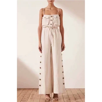 

Summer Jumpsuit Women High Waist Rompers Short Sleeve Solid Casual Loose Cotton Linen Overalls Womens Jumpsuits Long Pants