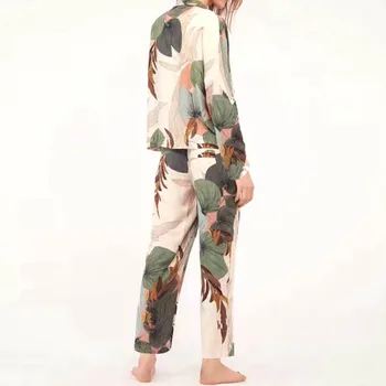 

2019 fashion women's long-sleeved and pants pajamas set 2 pieces casual palm leaf print pajamas large size home service clothes