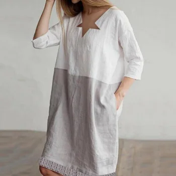 

Nice Pop Women Cotton Linen Mini Dress 3/5 Sleeves Pockets Patchwork Tunic Loose Dress Summer Pop 88
