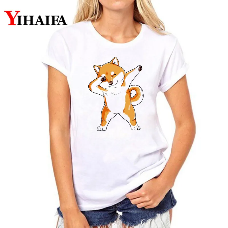 

YIHAIFA T-shirt Women Funny Dog Animal Graphics Tee Printed T Shirts Casual Summer White Pullover Tops