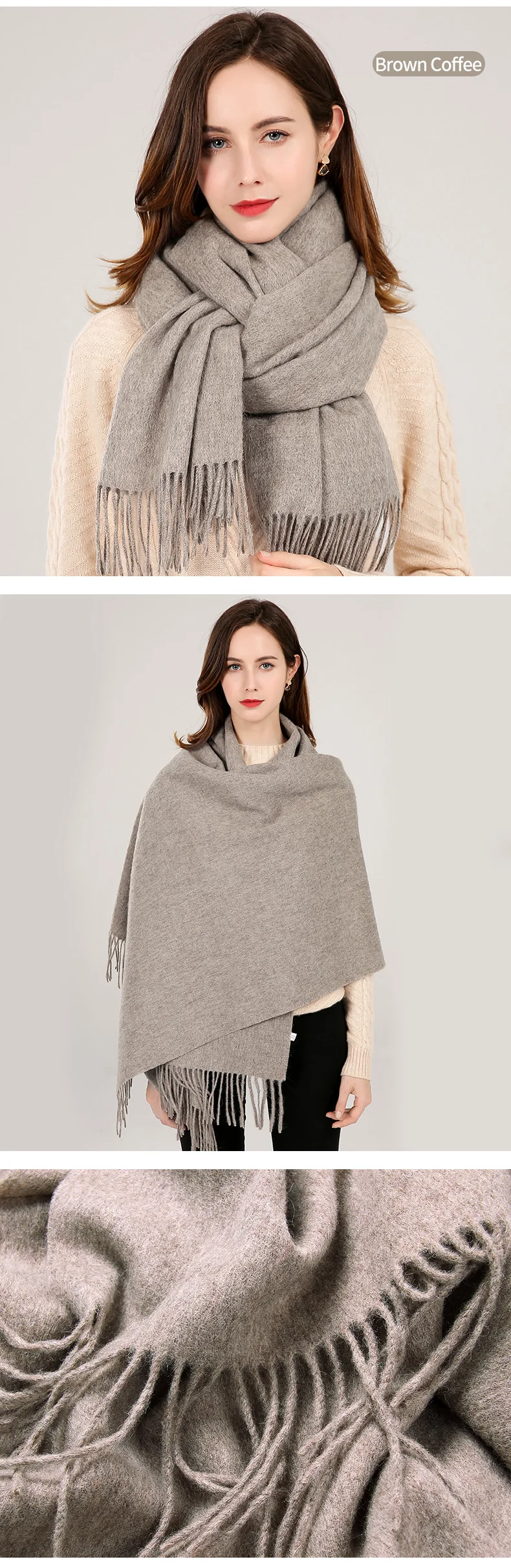 Winter Real Wool Scarf Women Echarpe Brand Tassel Shawl and Wraps Warm Foulard Pashmina Solid Beige Pure Wool Scarves