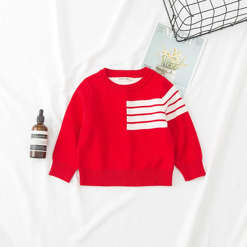 Детский свитер, пуловер осень-зима, круглый вырез, длинный рукав, плотный теплый полосатый Детский свитер, одежда для маленьких мальчиков и девочек, вязаные свитера - Цвет: Красный
