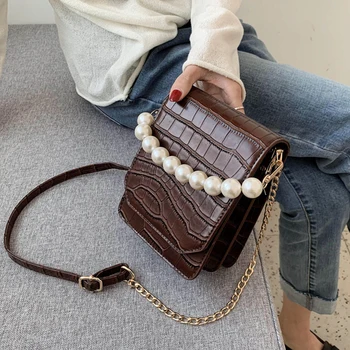 

Stone Pattern PU Leather Crossbody Bags For Women 2020 Handbags and Purses Pearl Handle Shoulder Messenger Bag With Handle