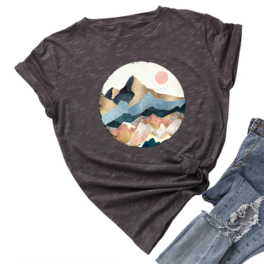 Plus Size Women's Tops T Shirt Creative Golden Mountain Peak Women T-shirt Graphic Funny Print Cotton Tshirt Summer Top Tees