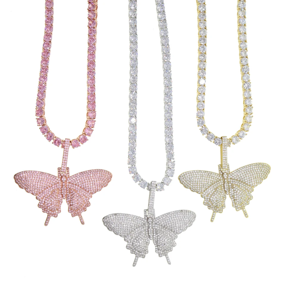 iced out sparking bling cz pink pinky women girl jewelry 5mm AAAAA cz tennis chain hip hop cool pink cz butterfly necklace