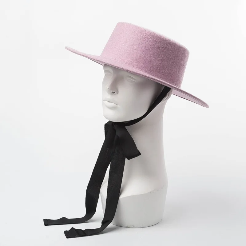 

Autumn and Winter New Plus Strap Wool Flat Hat Ladies Wide Hats Shallow Top Fedora Men's Casual Wool Felt Hat Flat Top Cap