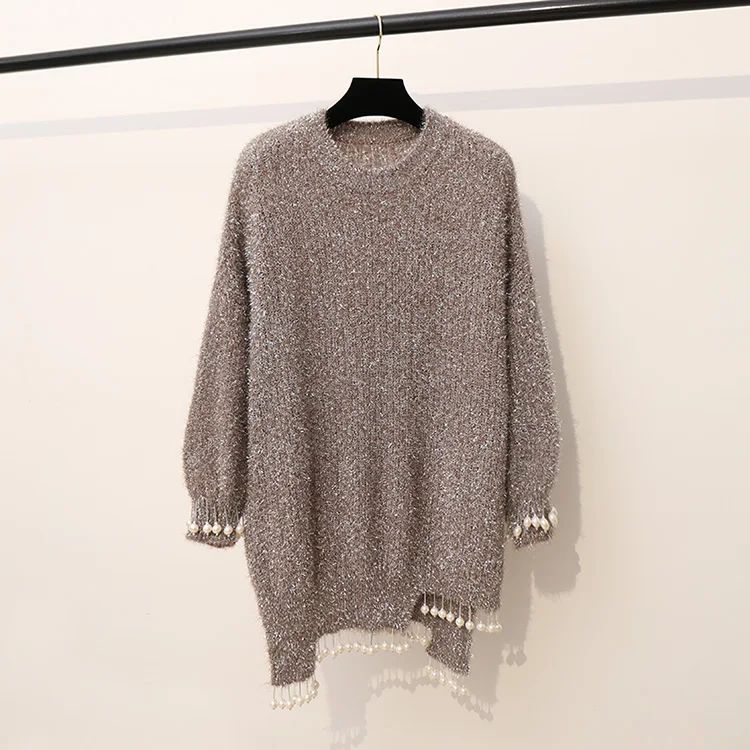 H. SA, женский модный вязаный пуловер и свитер, мягкий теплый мохер с бусинами, неровный длинный свитер и джемпер, зимний, из искусственной кожи - Цвет: HF19199 Khaki
