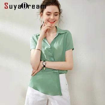 

SuyaDream Silk Blouse Woman 100% Silk Solid V neck Short Sleeves Office Blouse Shirt 2020 Summer Elegant White Shirt