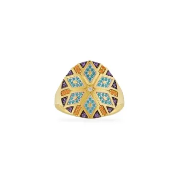 

Yellow Gold Colorful Stripe Tribe Ring With AAA Multicolor Zirconia Geometric Tribal Cross Ring Women Mana Jewelry
