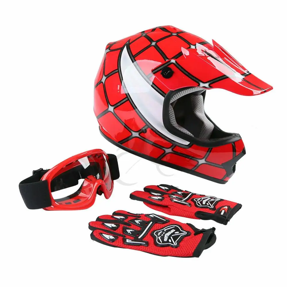 Motorcycle DOT Sports Safty Helmet Youth Kid Child Red Spider Net Dirt Bike Motocross ATV Helmet Goggles+Gloves S~XL full face
