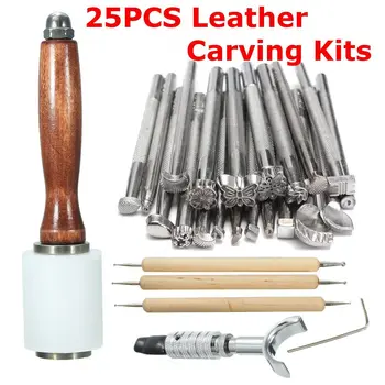 

25Pcs/Set Leather Carving Stamps Hammer Beveler Tool Kit Stainless Steel DIY Leathercraft Embossed Leather Hand Tools