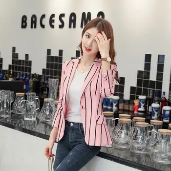 

Women 2020 New Spring Autumn Long Sleeve Striped Small Suit Coat Female Single Buckle Casual Large Size Blazer Chic Outwear L129