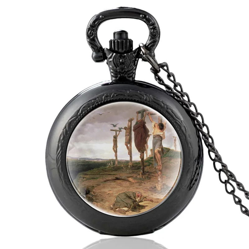 

Classic Cross Jesus Black Color Quartz Glass Dome Pocket Watch Charm Men Women Clock Chain Necklace Pendant Jewelry Gift
