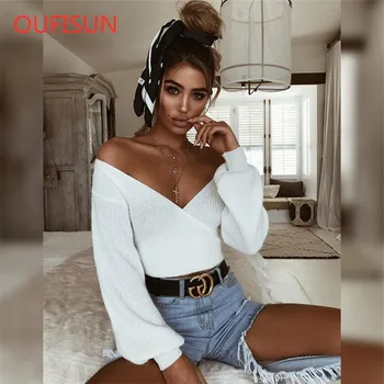 

Oufisun 2020 Fashion Women Sweater Long Sleeve Tops Sexy V-neck Autumn Winter Sweater Femme Jumper Crop Lace Up Tops