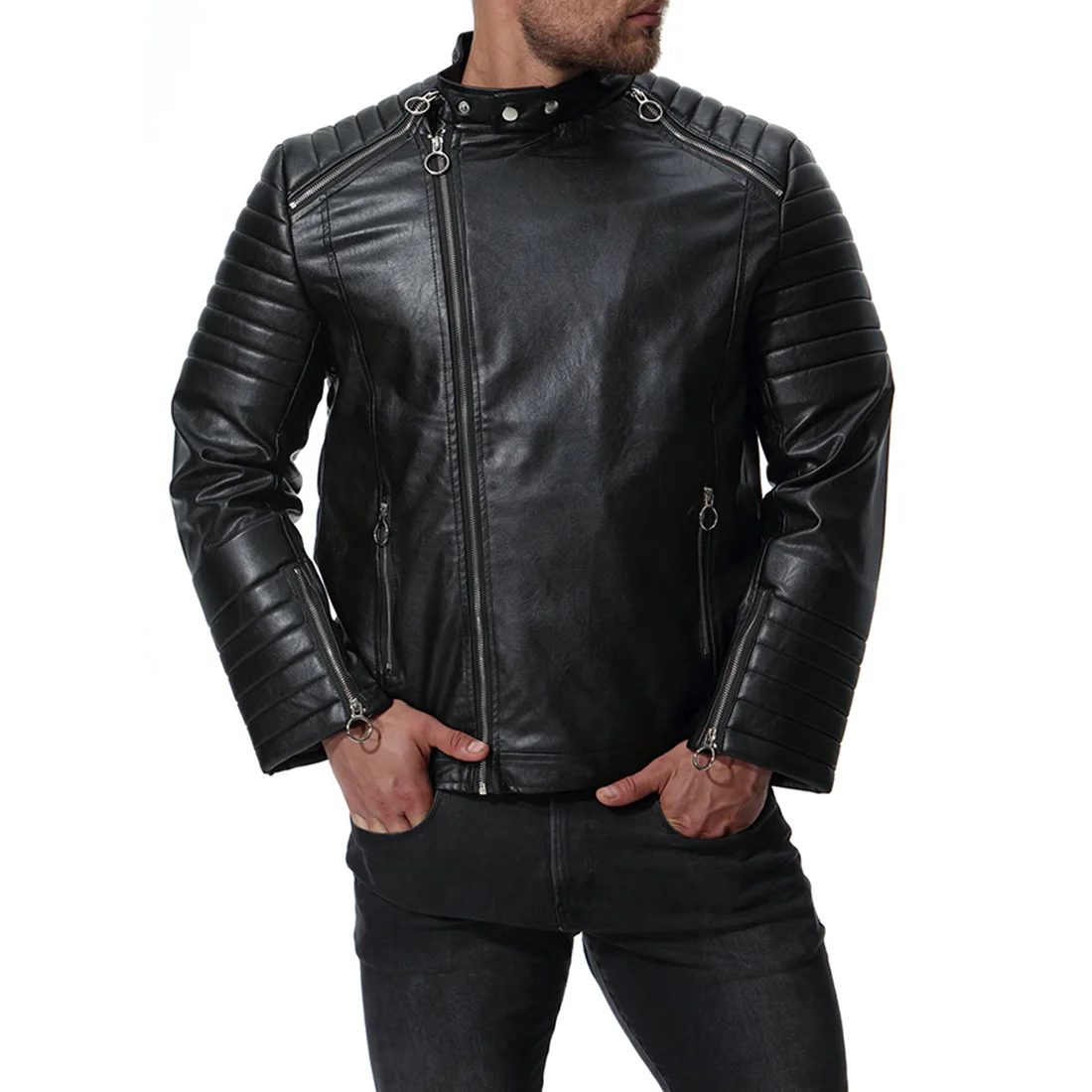 

2019 Europe And America Fashion-Men Classic Cable-Stayed Leather Coat High Quality Men Locomotive Leather Jacket Xb033