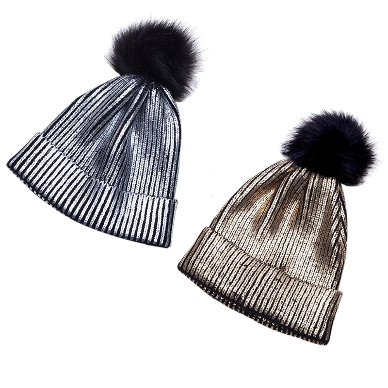 Для женщин теплое зимнее пальто для девочек, металлический блестящий вязаный крючком шапочка шапка с помпоном