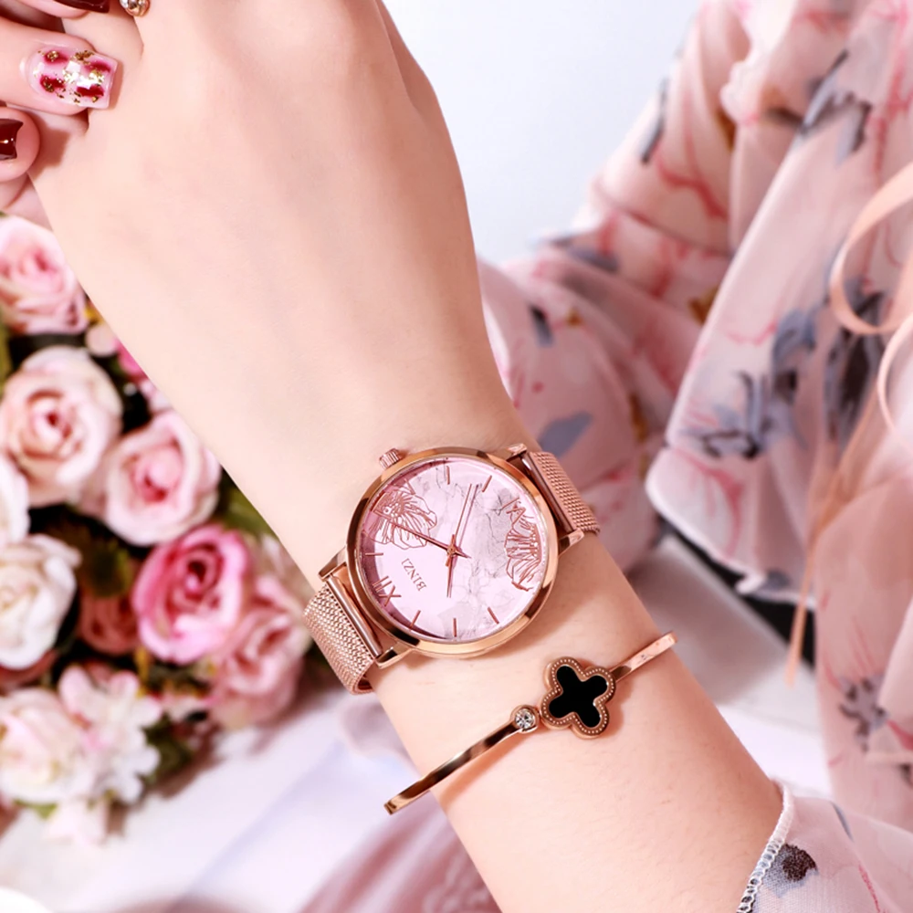 Розовое золото роскошные женские часы декоративный узор скрытая застежка женские часы женские подарки женски часы