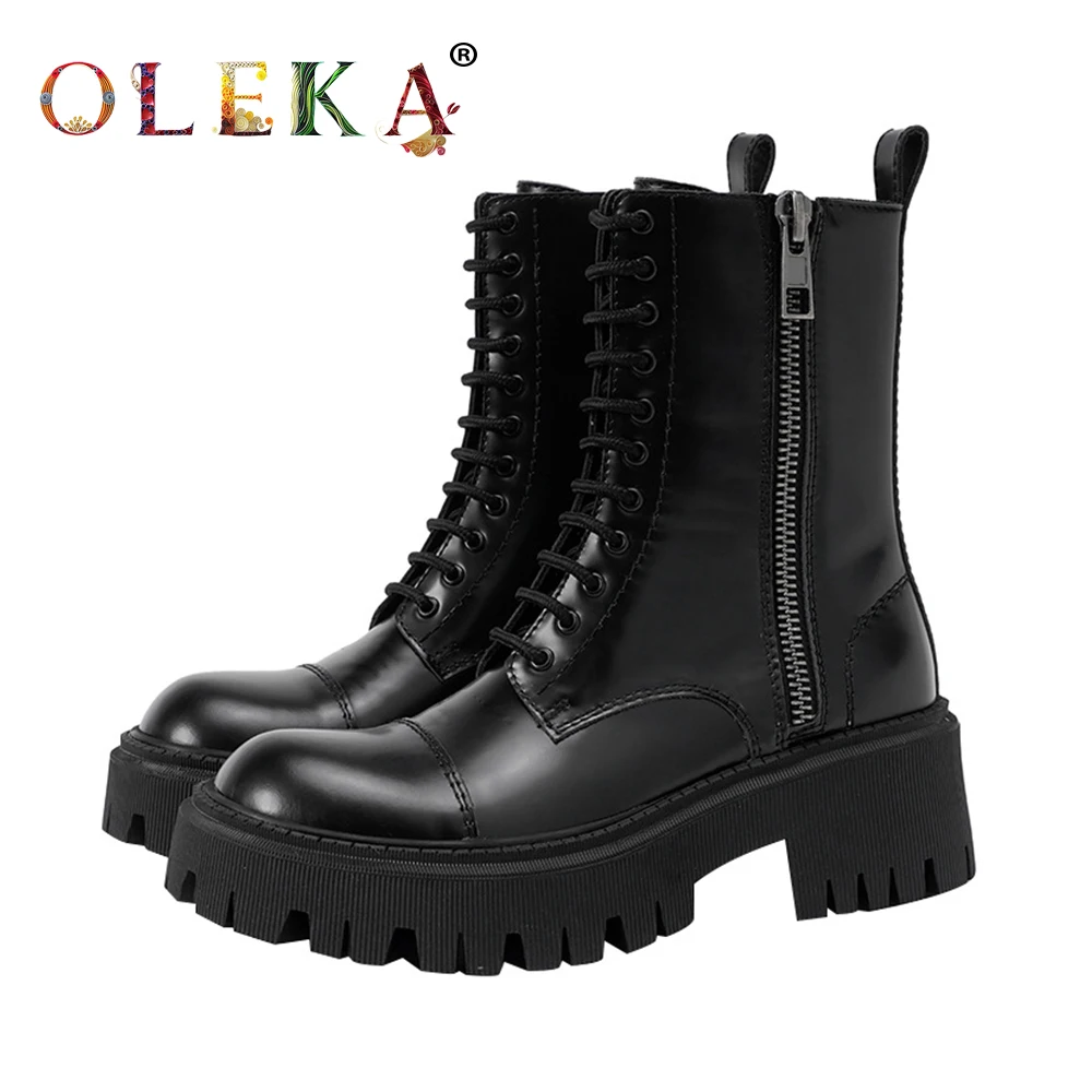 

OLEKA Leather Mid-calf Winter Fur Boots Square Heel Metal Decoration Round Toe Boots For Women Fashion Style Basic New AS700
