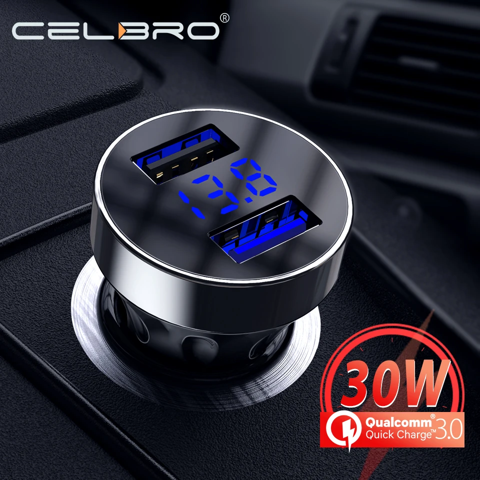 

2 Port Car Usb Charger QC 3.0 Fast Charge 30W Led Display Auto Charger For Samsung Xiaomi Hauwei Dual Usb Car-Charger Adapter