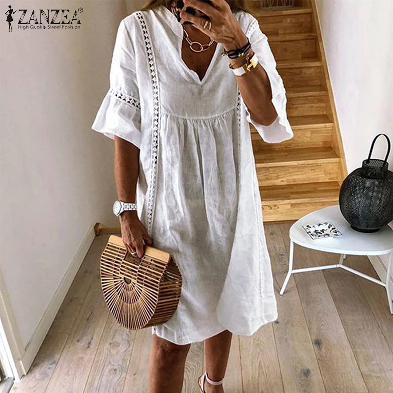 Lace Dress Tunic Hollow-Patchwork-Robe ZANZEA V-Neck Summer Bohemian Womens Flare-Sleeve