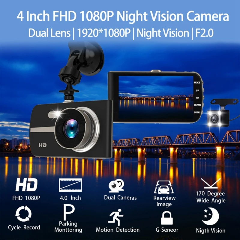 Автомобильный видеорегистратор Fhd 1080P Dashcam 4 дюйма с двумя объективами ночного видения, Автомобильный регистратор, видеорегистратор, автомобильный детектор