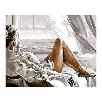 

Promotion! Paint By Numbers DIY Acrylic Painting Kit for Kids & Adults - 16Inch x 20Inch Girl on Seaside Vacation(Without Frame)