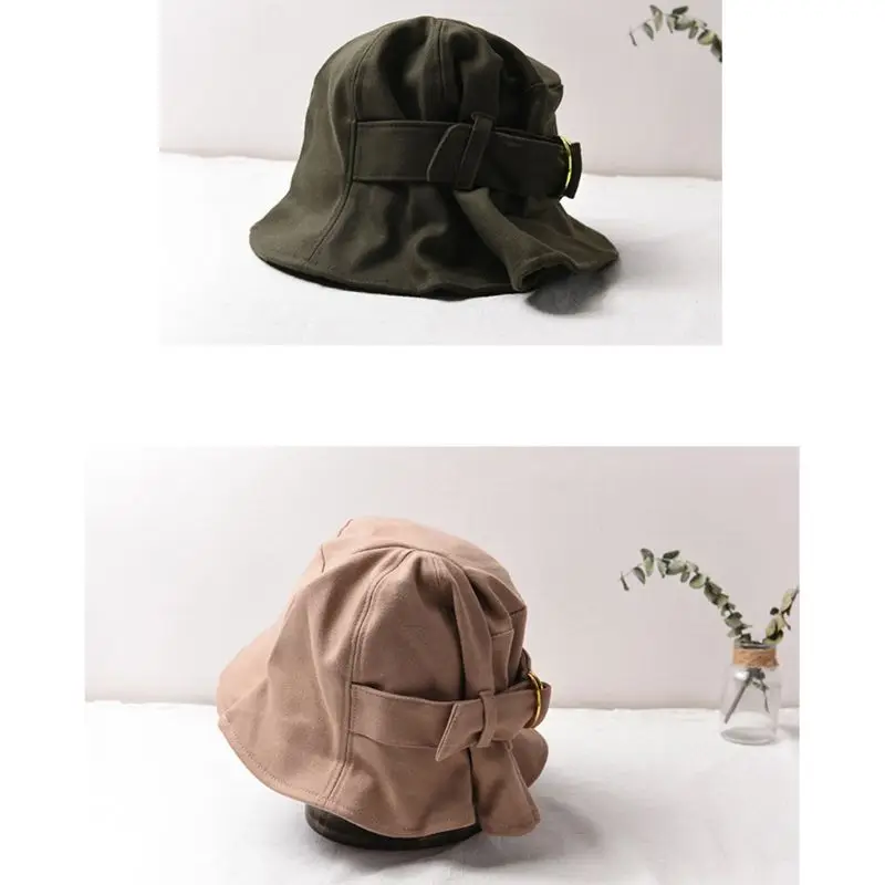 THINKTHENDO Women Autumn Pleated Bucket Cap with Large Belt Metal Buckle Knot Fisherman Hat