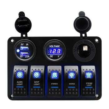 

1pc 12V Auto 5 Gang Blue LED Rocker Switch Panel Car Boat USB Charge LCD Voltmeter Cigarette Lighter Socket With 120 Decals