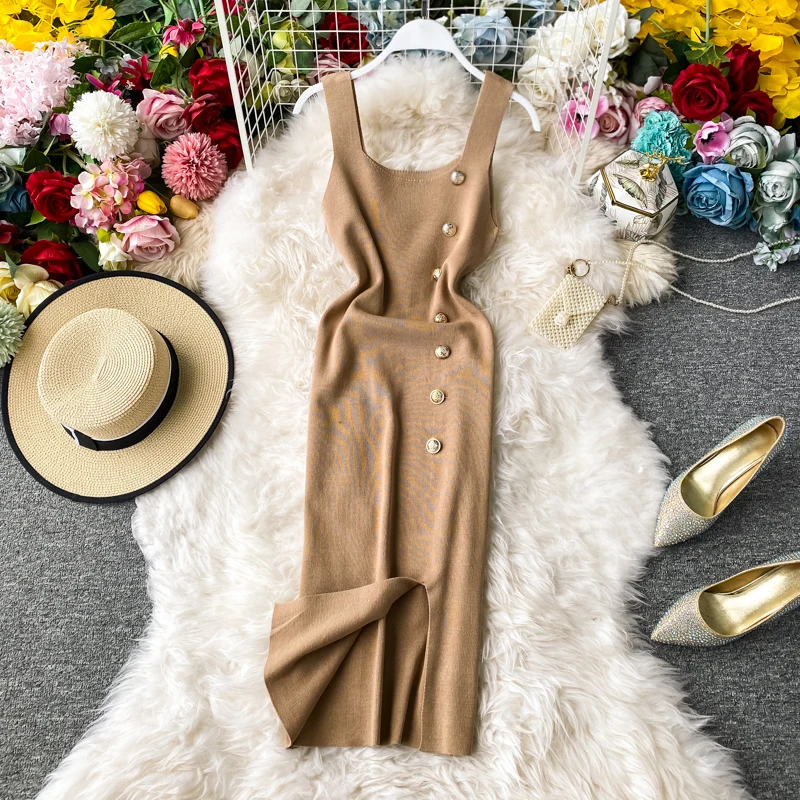 Женское трикотажное платье на бретельках Элегантное летнее средней длины